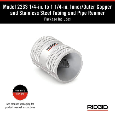 Effortless Copper And Stainless Steel Tubing Reamer For One Quarter To One And A Quarter Inch Pipes With Inner And Outer Cutting Action And 45 Cutting Edges RIDGID 29983 Model 223S Small