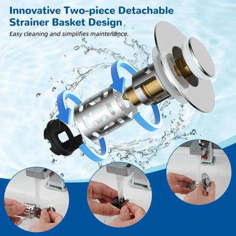 Upgraded 3 In 1 Bathroom Sink Drain Strainer With Pop Up Stopper Chrome Finish, detachable strainer basket design, showing installation.