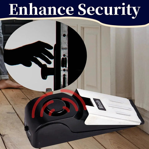 Door Stop Alarm 120dB Security Floor Wedge Door Stopper For Travel Home Pack 2 shown on wooden floor blocking door