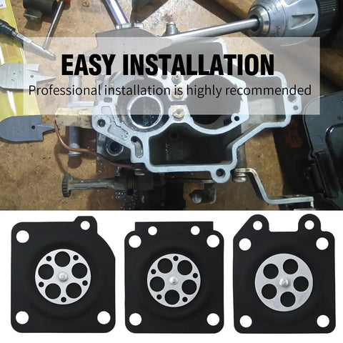 Metering diaphragm replacement set with three square black gaskets for Zama and Walbro carburetors.
