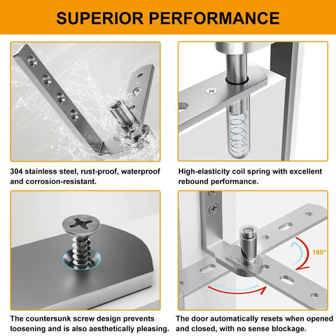 Saloon door hinges, 304 stainless steel, self-return double-swing with coil spring, 50–110 lb load