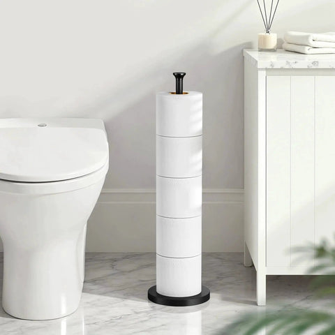 Free Standing Toilet Paper Holder With Reserve Function And Stainless Steel Spare Roll Storage in matte black beside a toilet