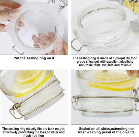 Four images showing the use of a wide mouth mason jar gasket set 6 pack silicone sealing rings 3.75 inch outer diameter for canning