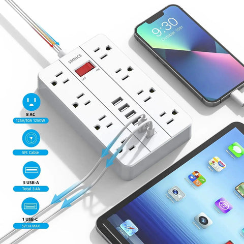 Power Strip With USB Ports And Surge Protector, Flat Plug, Eight Widely Spaced Outlets And Six USB Ports Including USB C, Five Foot Cord