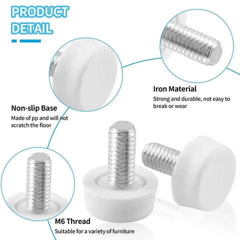 24 Pack Adjustable Furniture Levelers M6x15mm For Tables Chairs Cabinets White Screw On Glide Feet close-up with iron material
