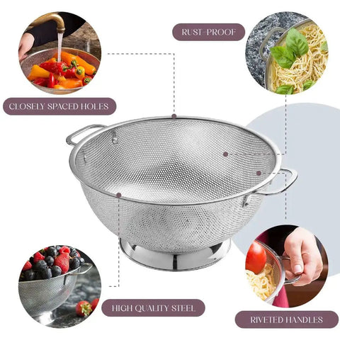 5 Quart Stainless Steel Colander With Handle For Beastly Fast Draining Fine Micro Perforations, showing design features and uses
