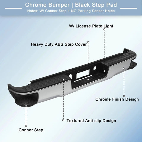 Chrome Rear Step Bumper For 2014 To 2018 Chevy Silverado GMC Sierra 1500 No Park with black step pad and license plate light