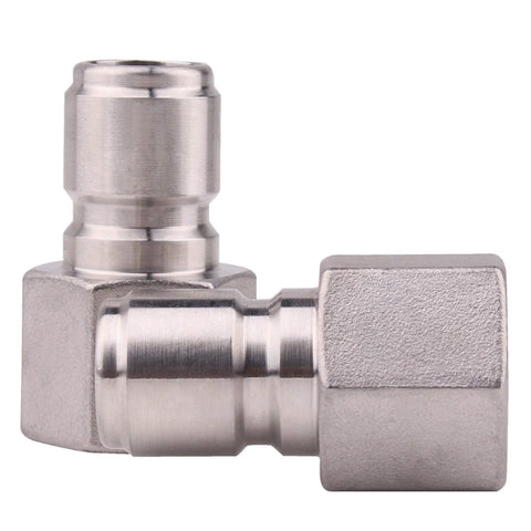 Stainless steel female quick-disconnect elbow fitting, 1/2 in FPT, homebrewing connector.