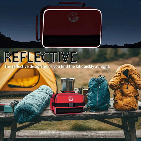 Reflective Essential 418 Piece First Aid Kit for camping, travel, emergencies with tear-resistant supplies on a picnic table.