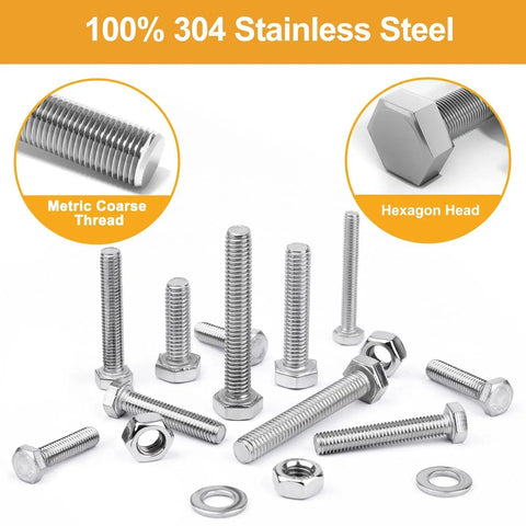 Durable 408-Piece 304 Stainless Steel Hex Metric Bolts Nuts And Washers Kit with M5 M6 M8 sizes on white background