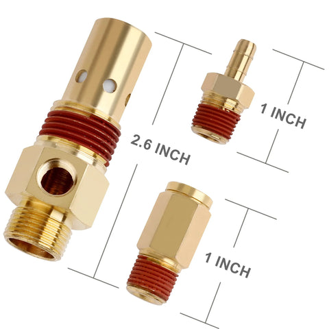 Brass air compressor check valve kit with 1/2 in MNPT and three unloader tube fittings, four pieces