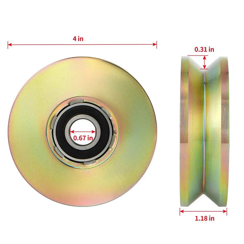 Side and front view of 4 Inch V Groove Wheel With Double Bearings For Inverted V Track Gate Caster in galvanized AISI 1045 steel.