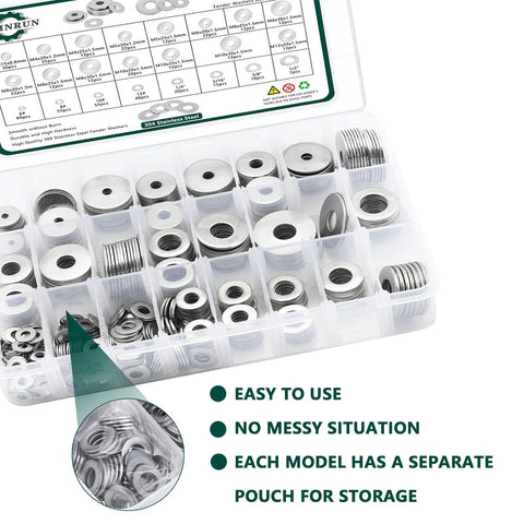 Fender Washers kit, 520 pcs SAE and metric, 23 sizes, 304 stainless steel, organized in a clear case.