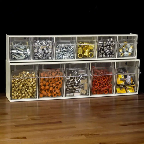 TiltView Plastic Storage Cabinet With Tilt Out Bins A Versatile Organizer For Home Office School And Workshop Use As A Makeup Organizer Hardware Box Medical Supply Organizer And Teacher Toolbox full front view with visible contents
