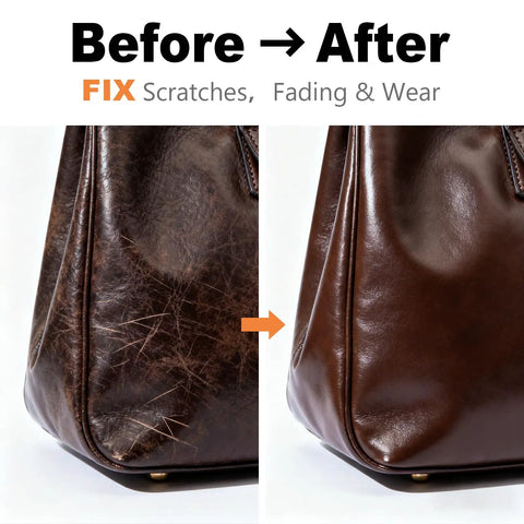 Dark Brown Leather Repair Kit With Recoloring Balm And Dye For Scratches, Fading, And Worn Leather Or Vinyl On Couches, Car Seats, Boots, And Furniture before and after side-by-side comparison of leather restoration.