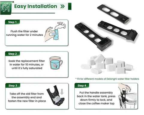 12-pack activated charcoal water filters with black replacement holders for Delonghi espresso machines.