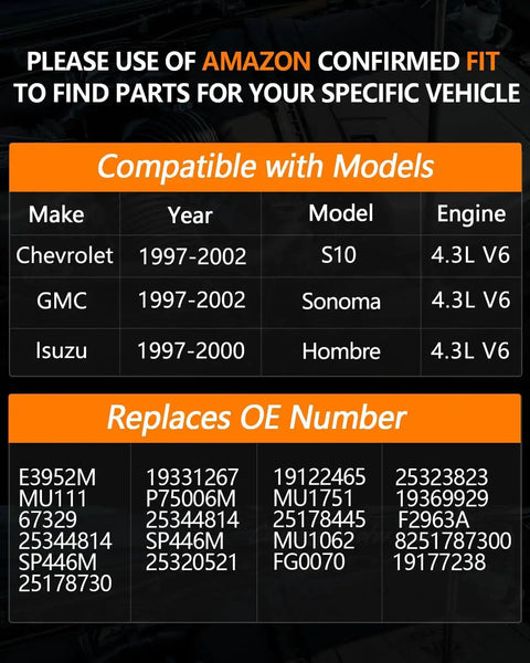 Image listing compatibility and OE numbers for Electric Fuel Pump Module Assembly Compatible With 1997-2002 Chevy S10 4.3L V6, 1997-2002 GMC Sonoma 4.3L V6, And 1997-2000 Isuzu Hombre 4.3L V6 Replacement OE E3952M SP446M MU111 P75006M MU1751 19331267 19122465 25323823.