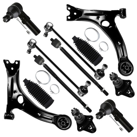 ASAPE 12-piece front suspension kit for Toyota Corolla: black steel lower control arms, ball joints, tie rod ends.