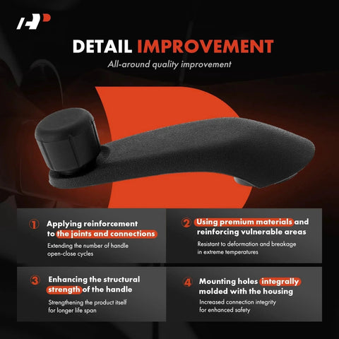 Black window crank handle with details on reinforcement and premium materials, designed for Chevrolet GMC Saturn Oldsmobile Isuzu vehicles.