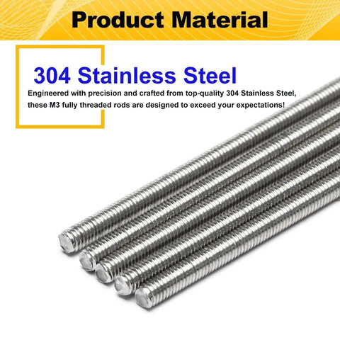 M3 X 0.5mm 300mm Fully Threaded Rods Right Hand 304 Stainless DIN975 A2-70 5pcs close-up view