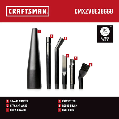 6-Piece Micro-Cleaning Wet Dry Vac Attachment Kit For 1-1/4 Inch Hoses, showing various industrial-grade shop vacuum accessories.
