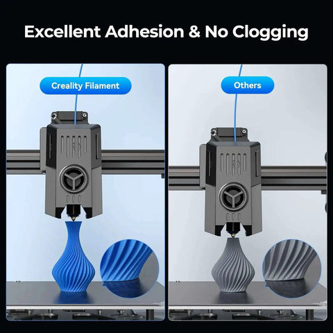 RFID Smart Hyper PLA Filament 1.75mm 1Kg Spool For 3D Printing With Auto Recognize And Optimized Printer Settings High Speed 30 To 600 mm Per Sec Fits K2 Plus And Most Printers Black showing comparison of Creality blue filament and others.