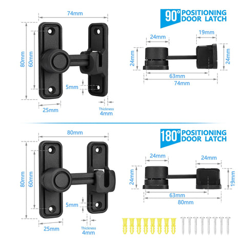 Sliding Barn Door Lock Latch Hardware 90 And 180 Degree Dual Slide Lock with measurements and screws included, black zinc alloy.