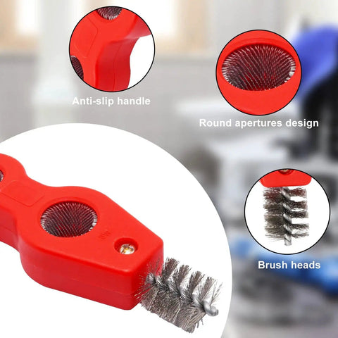 Two Pack Four In One Copper Pipe Cleaner Kit For Plumbing Deburring And Soldering With Half And Three Quarters Inner Brushes And Five Eighths And Seven Eighths Outer Brushes Durable Steel Wire Keeps Copper Pipes Clean And Flowing Like New red tool with round apertures and brush heads
