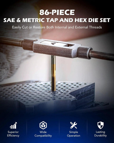 86 Piece Tap And Die Set For Internal And External Threading With SAE And Metric Sizes Includes 78 Taps And Dies Pro Grade