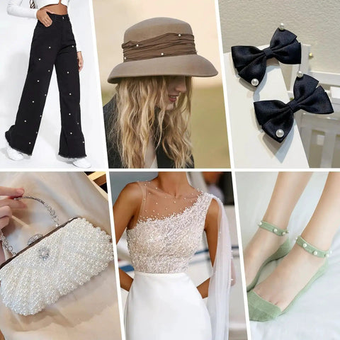 Various clothing and accessories decorated with pearl beads. Includes pants, hat, bows, handbag, dress, and shoes.