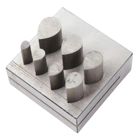 Disc Cutter Set With 7 Dies In 45 Steel for metal gaskets, brass, leather, and paper. Drop-shaped cutters for precise DIY projects.