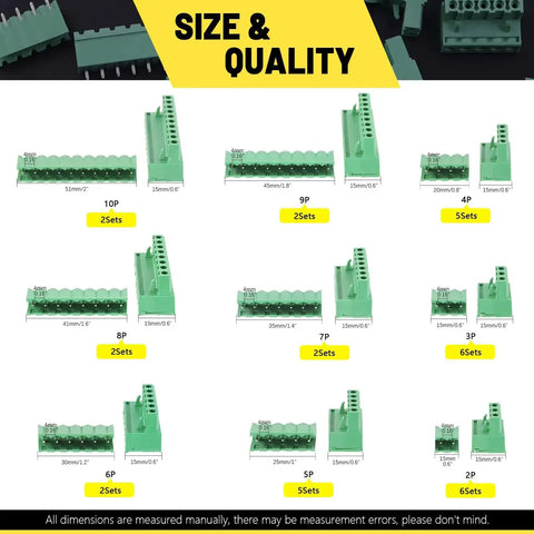 Variety of green pluggable terminal blocks in 32 Set Value Pack Pluggable Terminal Block Connector Kit With Male And Female Sockets, 5.08mm Pitch.