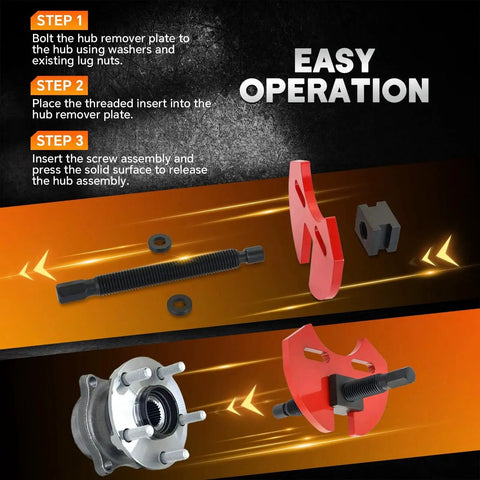 Wheel Hub Removal Tool Set for 5 Lug, 6 Lug, and 8 Lug Hubs with instructions shown for use on car axles