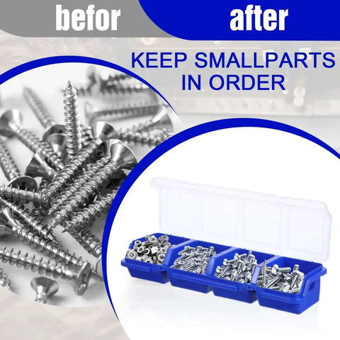 Six Piece Screw Organizer Box With Lids Slanted Opening For Easy Grab And Go Access Four Divider Compartments Locking Latches
