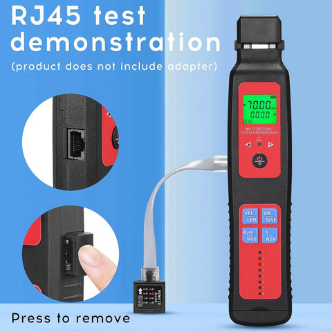 Live Fiber Optic Identifier with OPM and 5-in-1 function for RJ45 network testing, shown in use with LED display and connection points