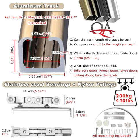 Heavy Duty Sliding Barn Door Hardware Track Kit For Exterior Use With Low Profile Pocket Design illustration, components shown.