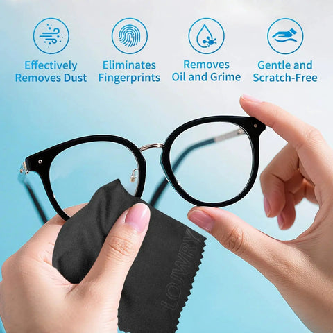 Person cleaning glasses with Ultra Soft Microfiber Cleaning Cloths For Glasses And Screens Six Pack Premium