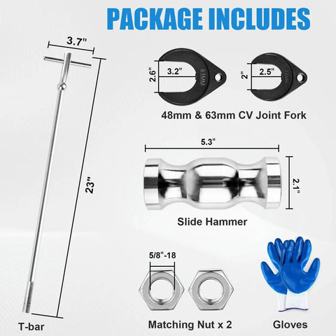 Package contents of CV Axle Puller Tool With Slide Hammer, includes T-bar, CV joint forks, slide hammer, nuts, and gloves.