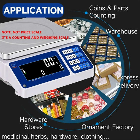 Digital Parts And Coins Counting Scale With 15Kg Capacity And 0.5G Readout, showing applications in various industries.