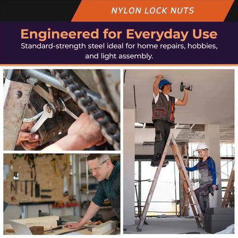 3/4-10 Nylon Insert Lock Nuts, Grade 8 Zinc Plated Carbon Steel, ideal for home repairs and light assembly shown in use