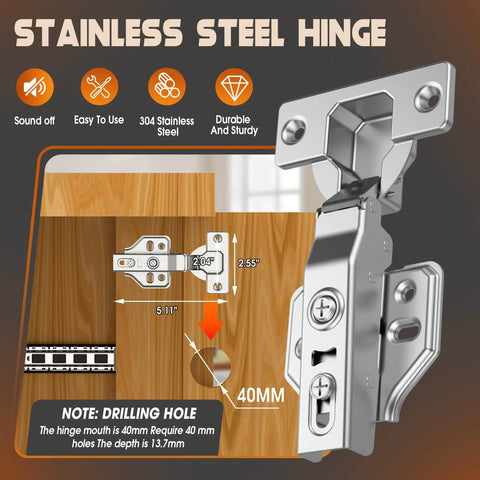 Stainless steel hinge with overlay, adjustable screws, sound-off feature, easy to use, durable for cabinet doors, 40mm depth.