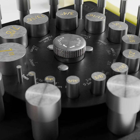 Round Disc Cutter Set With 13 Disc Sizes From One Quarter Inch To Three And Three Eighths Inches Yellow Handle Precision Hole Punch