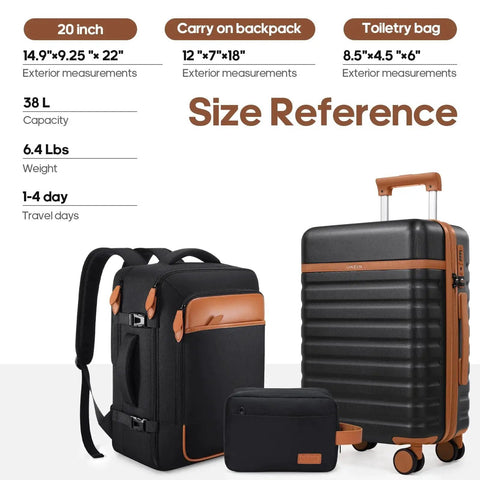 Three Piece Luggage Set With 20 Inch Carry On Spinner Wheels PC Hardside Suitcase TSA Lock Durable Travel Setup Includes 18 Inch Backpack And Toiletry Bag Black For Men Fits Overhead Bin And Underseat