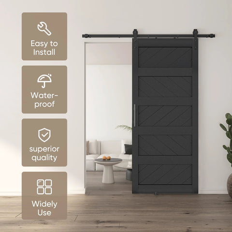 36 By 84 Inches Wave Shape Sliding Barn Door Kit With Hardware Included, Solid Wood Core With MDF And PVC Covered Surface, Black Finish, Installed View