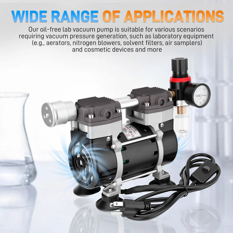 Dual-head oil-free lab vacuum pump with 2 ports, gauge, oil-water separator, silencer, switch, rubber feet (110V 180W)