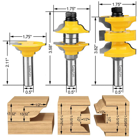 Three Piece One Half Inch Shank Router Extension Tenon Drill Bit Set For Entry Door Rails And Door Frames With Hardened Steel Body