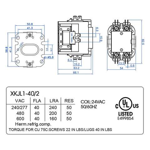 Technical diagram showing dimensions for 1 Pc HVAC Contactor 24V Coil 2 Pole 40 Amp Drop In Replacement For Furnace And AC System