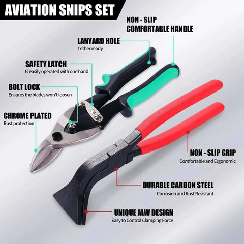 Aviation tin snips and seamers from All In One Sheet Metal Tools Kit For HVAC Ductwork Tin Snips For Straight Left And Right Cuts Hand Seamers.