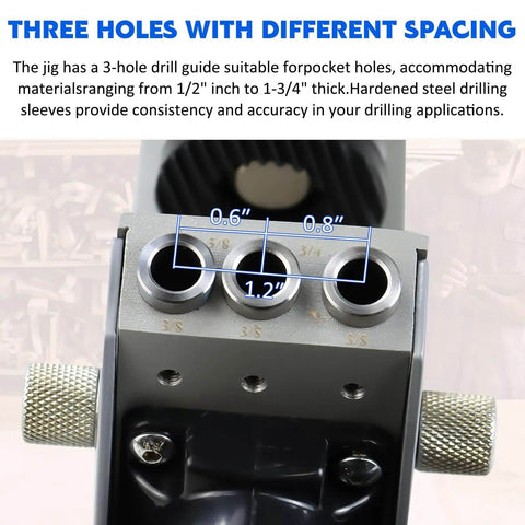 Pro Grade Pocket Hole Jig Kit With Dust Collection, Adjustable 15 Degree Holes, three-hole drill guide for varied spacing.