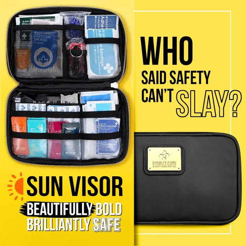 Car First Aid Kit With Emergency Supplies For Family Travel displayed open with contents and closed black case, sun visor mountable
